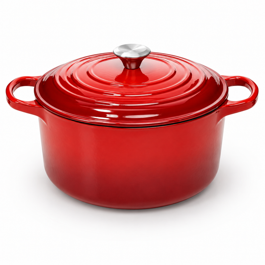 Red enameled cast iron Dutch oven, 7 qt, with lid and silver knob