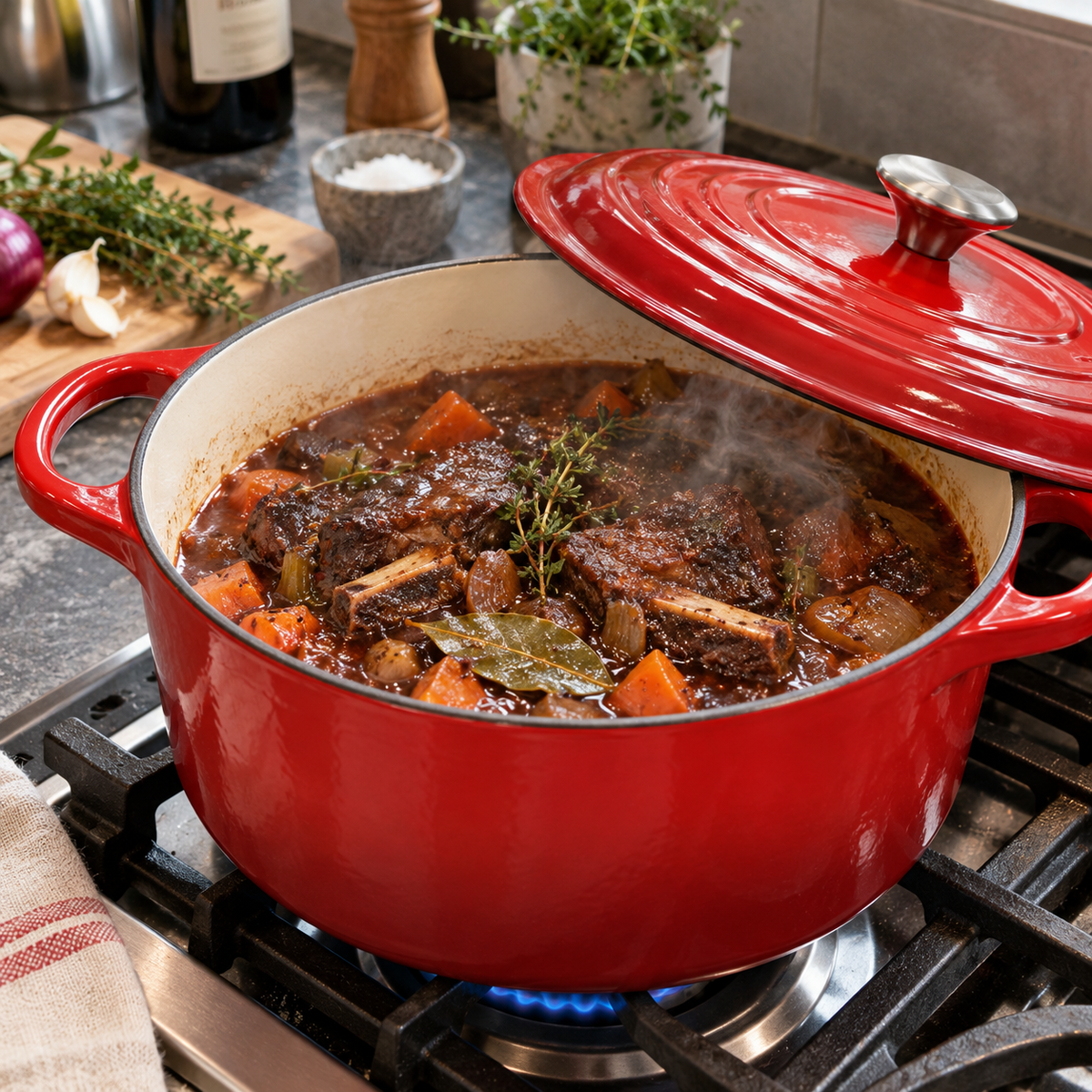 Short rib braise simmering in the red Dutch oven on a gas stove