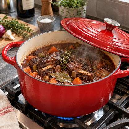 Short rib braise simmering in the red Dutch oven on a gas stove