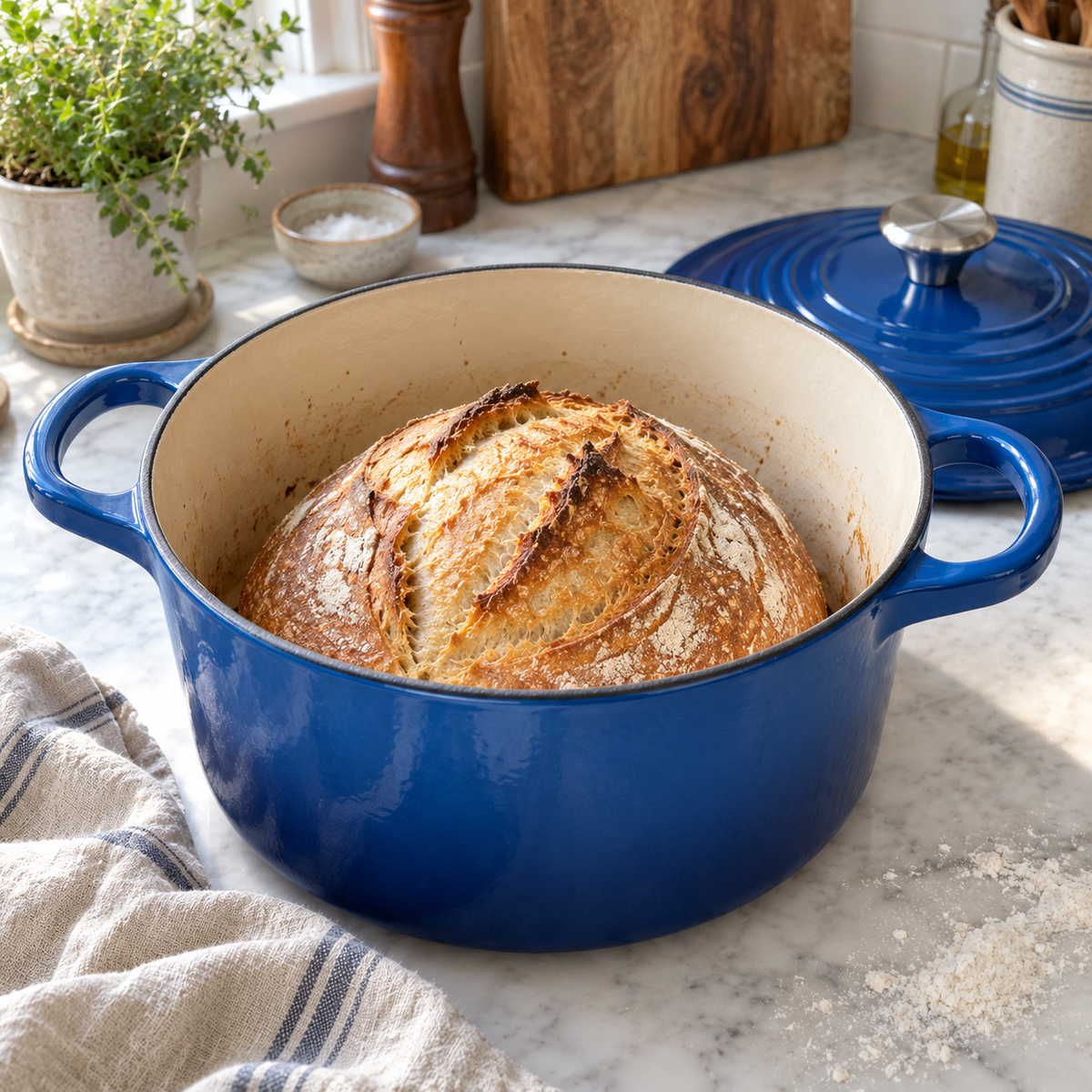 Sourdough loaf baked in the blue enameled cast iron Dutch oven