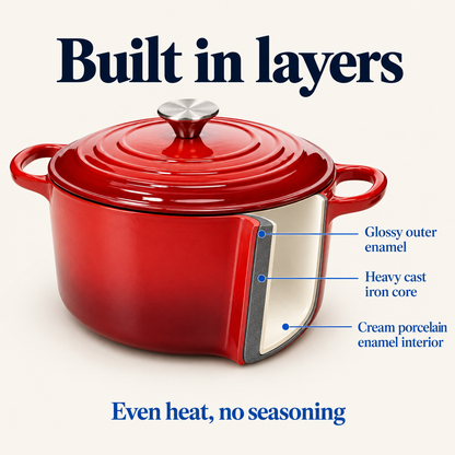Cutaway showing outer enamel, cast iron core and cream enamel interior