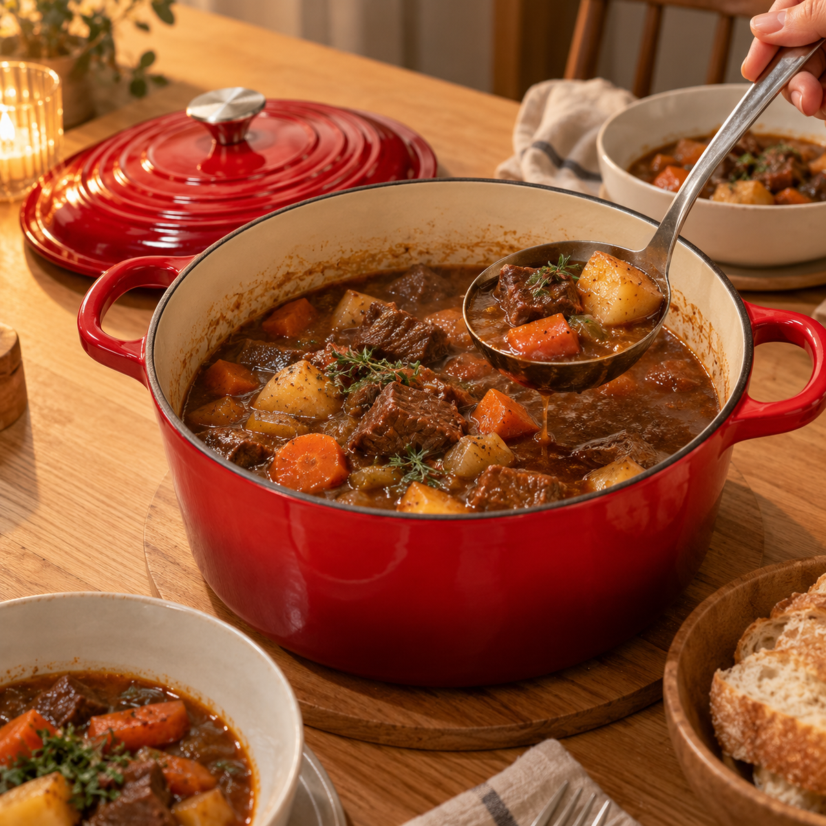 Beef stew served from the red Dutch oven at the dinner table