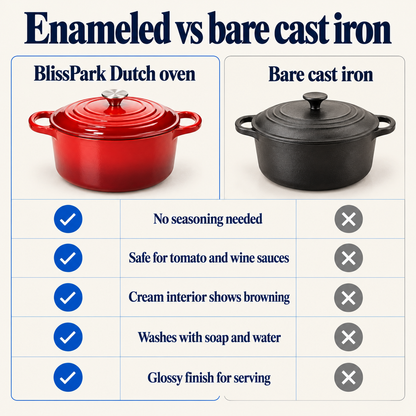 Enameled vs bare cast iron comparison
