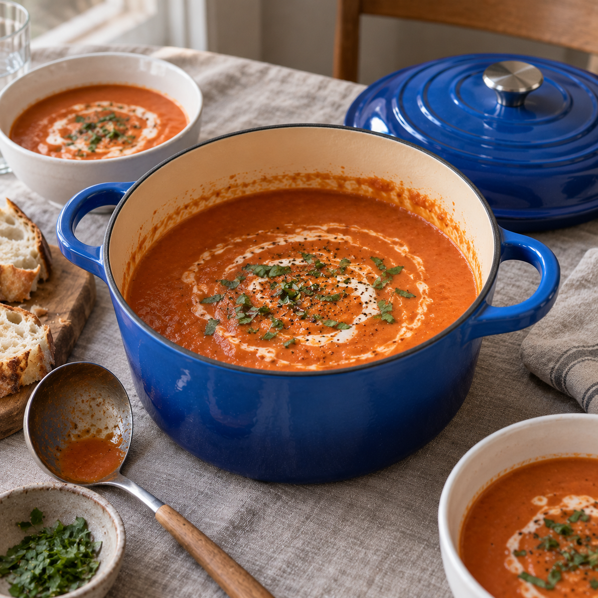 Tomato soup served from the blue Dutch oven