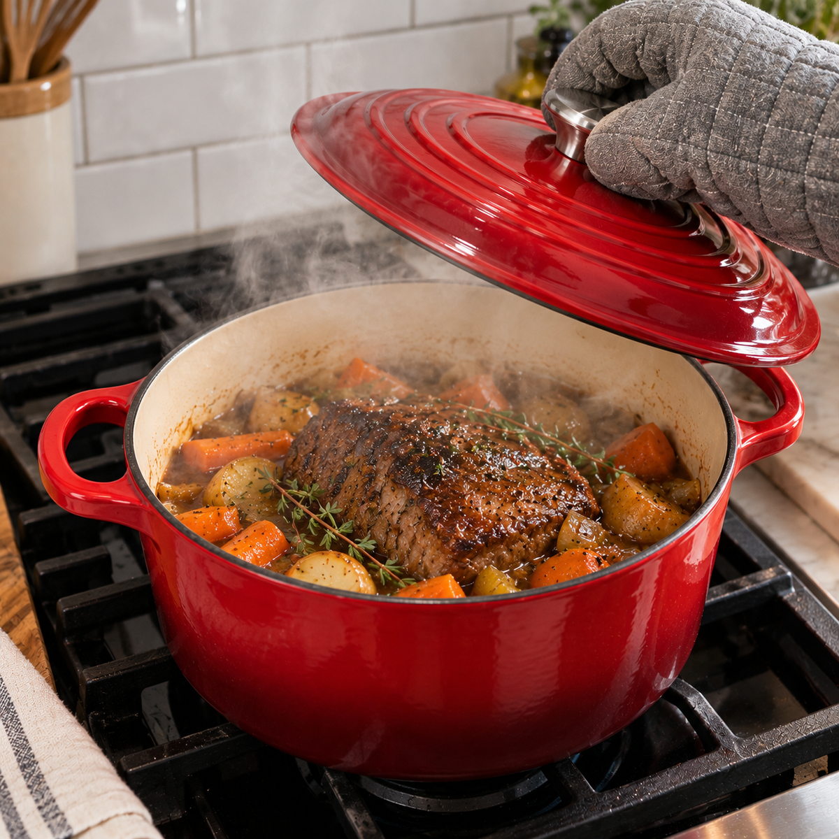 Lifting the lid on a pot roast in the red Dutch oven