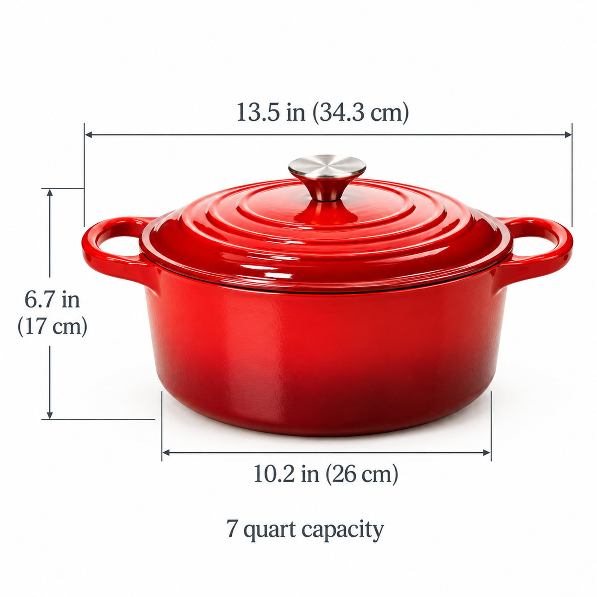 Red Dutch oven size: 13.5 in wide with handles, 10.2 in across, 6.7 in tall