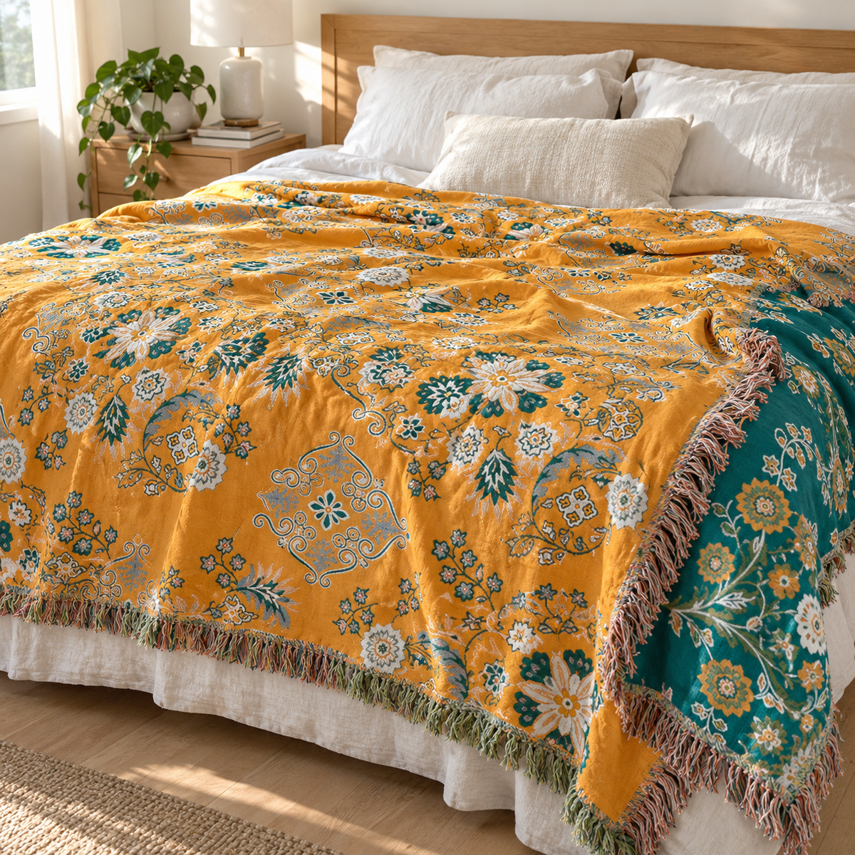 Yellow floral throw used as a bedspread