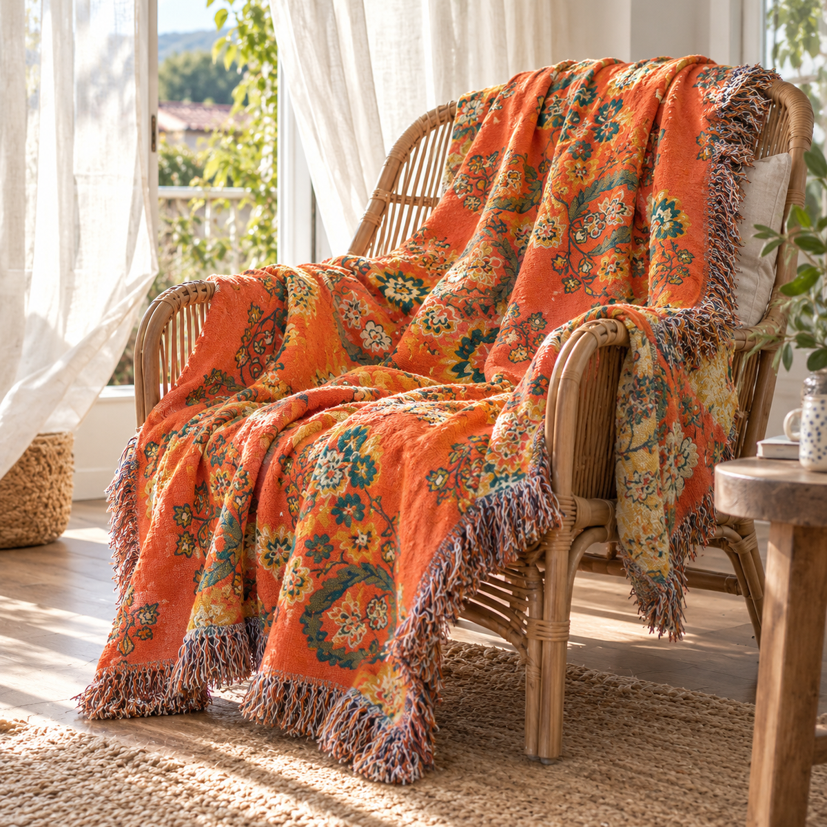 Orange floral throw on a rattan chair by an open window
