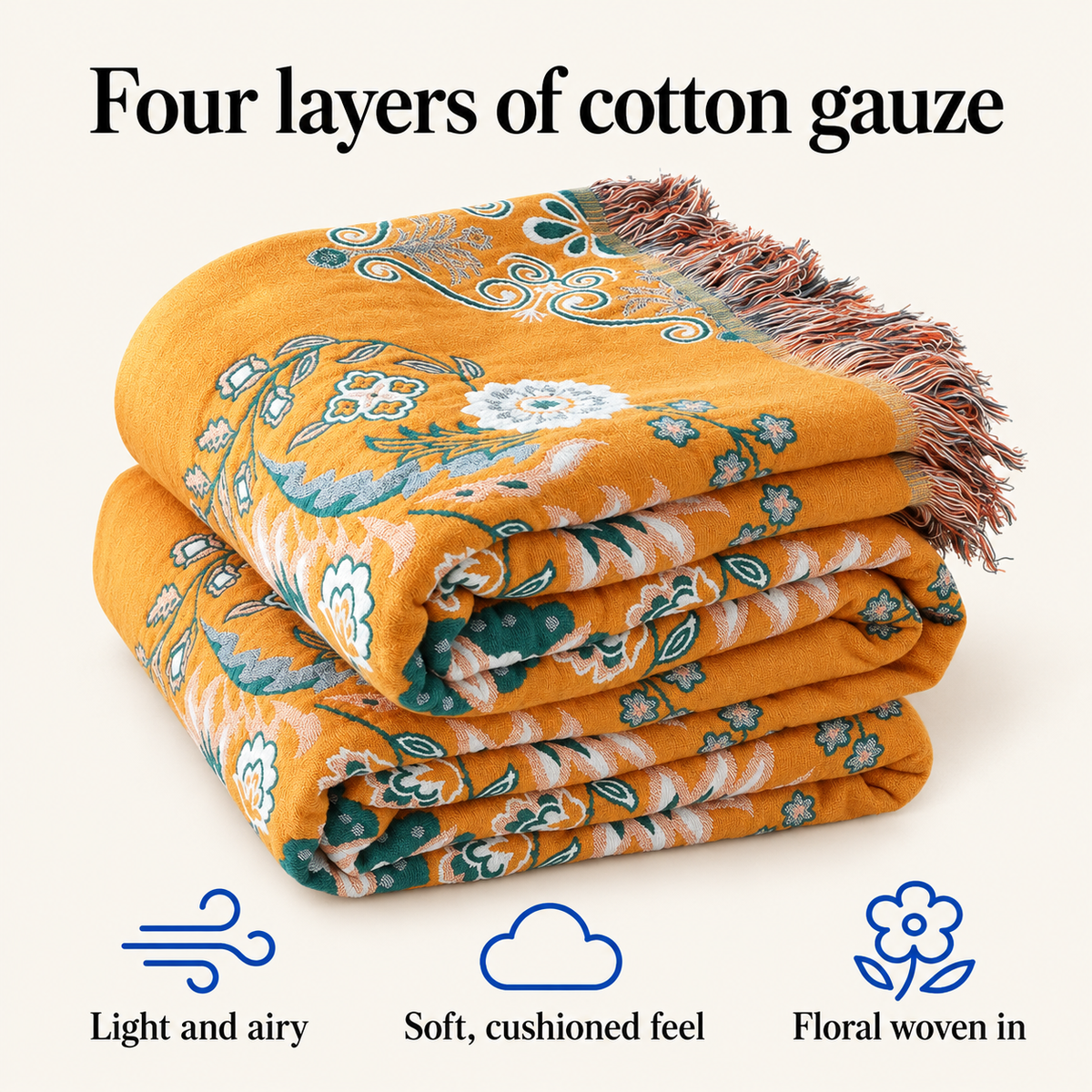 Four layers of cotton gauze: light and airy, soft, floral woven in