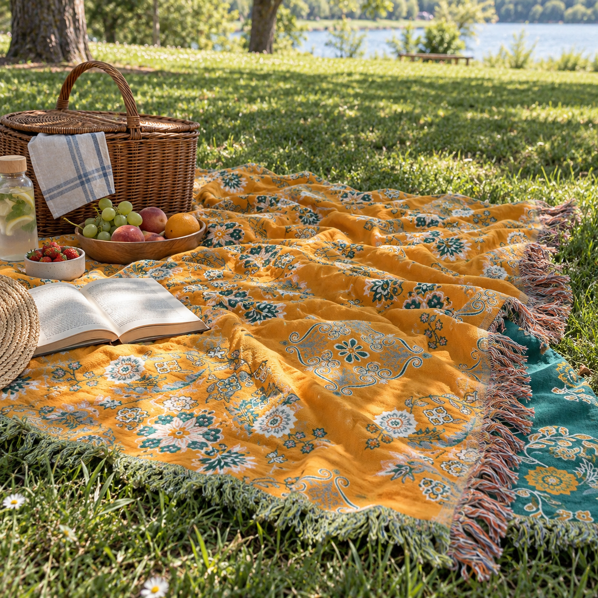Yellow floral throw as a picnic blanket in the park