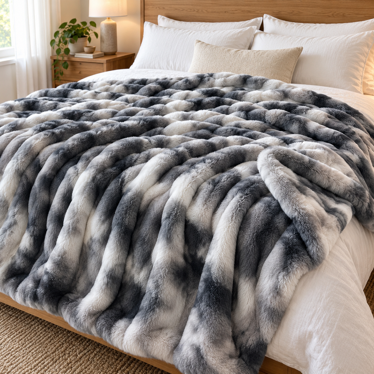 Charcoal Swirl faux rabbit fur throw on a white bed