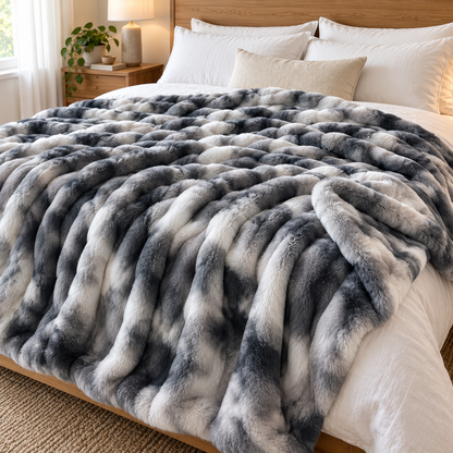 Charcoal Swirl faux rabbit fur throw on a white bed