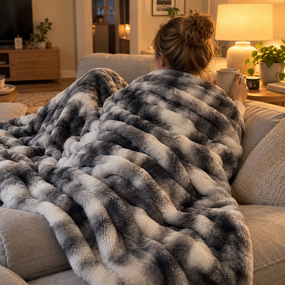 Curled up on the sofa in the Charcoal Swirl throw
