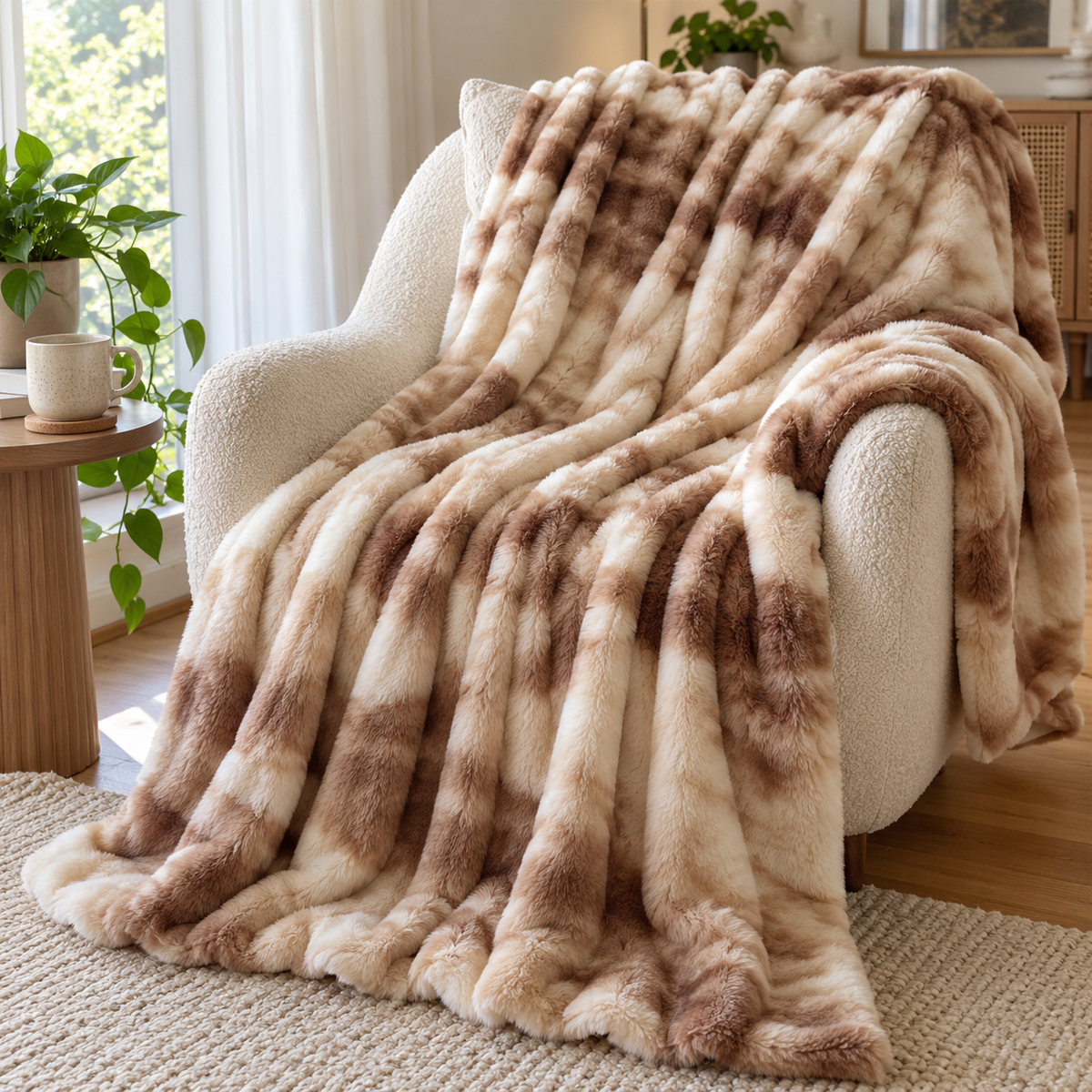 Caramel Swirl throw over a cream armchair