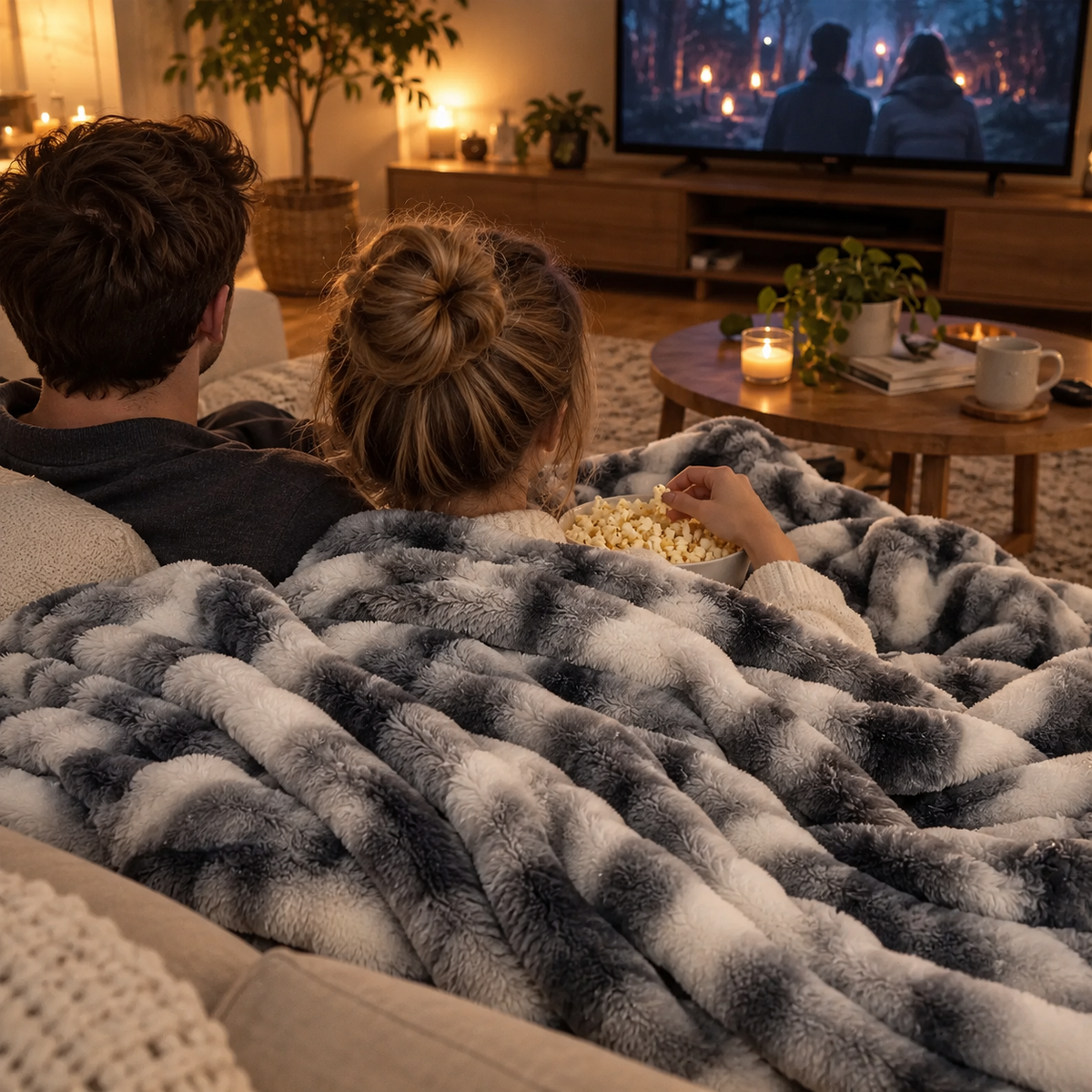 Movie night under the faux fur throw