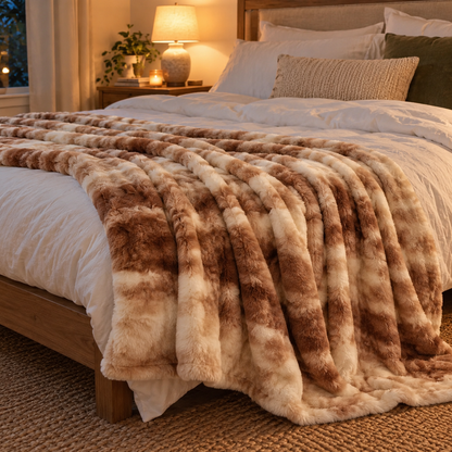 Caramel Swirl throw across the foot of a bed