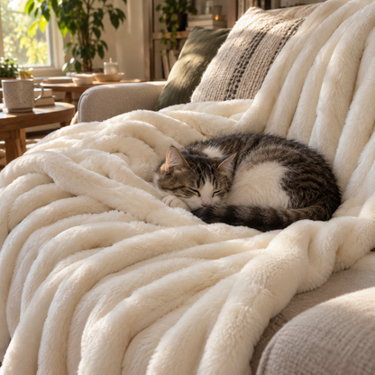 Cat asleep on the Ivory faux fur throw