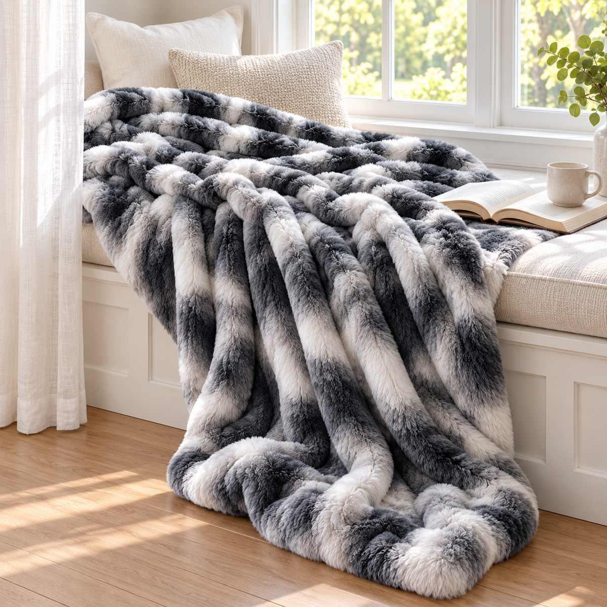 BlissPark faux rabbit fur throw on a window seat