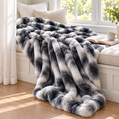 BlissPark faux rabbit fur throw on a window seat