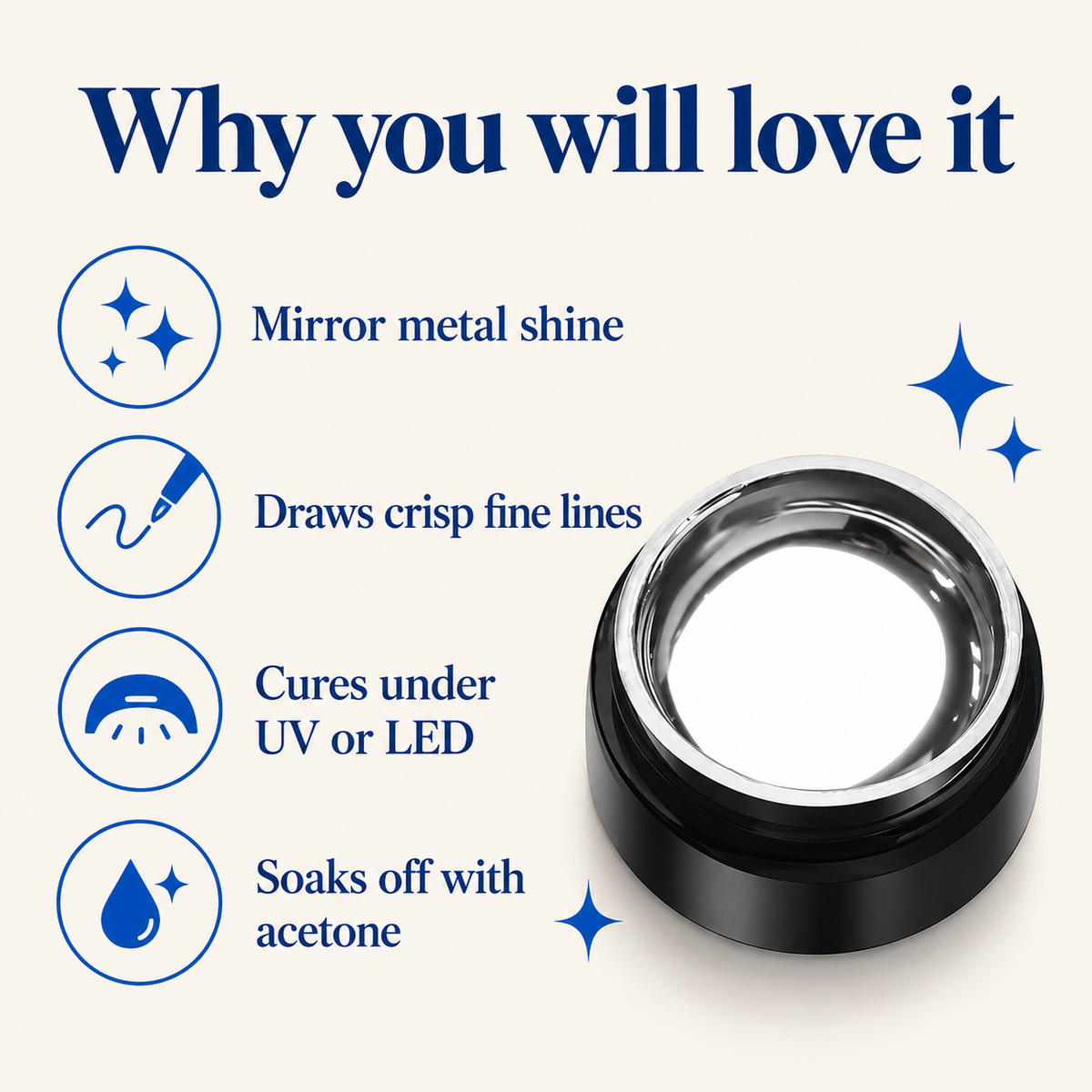 Why you will love it: mirror metal shine, crisp fine lines, UV or LED cure, acetone soak off