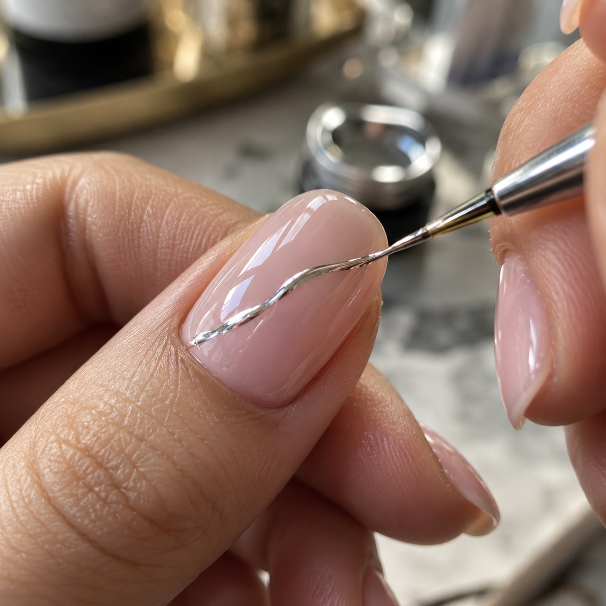 Fine brush drawing a thin silver line across a pale pink nail