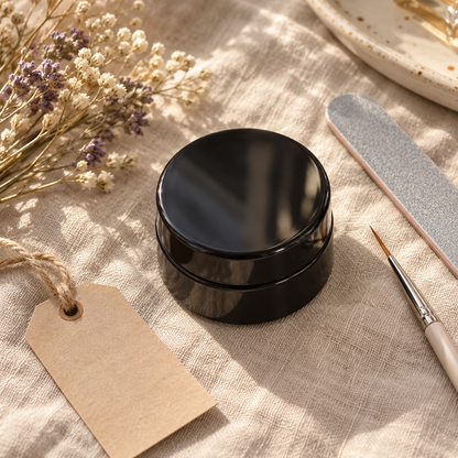 Black jar of painting gel with dried flowers, a nail file and a fine brush on linen