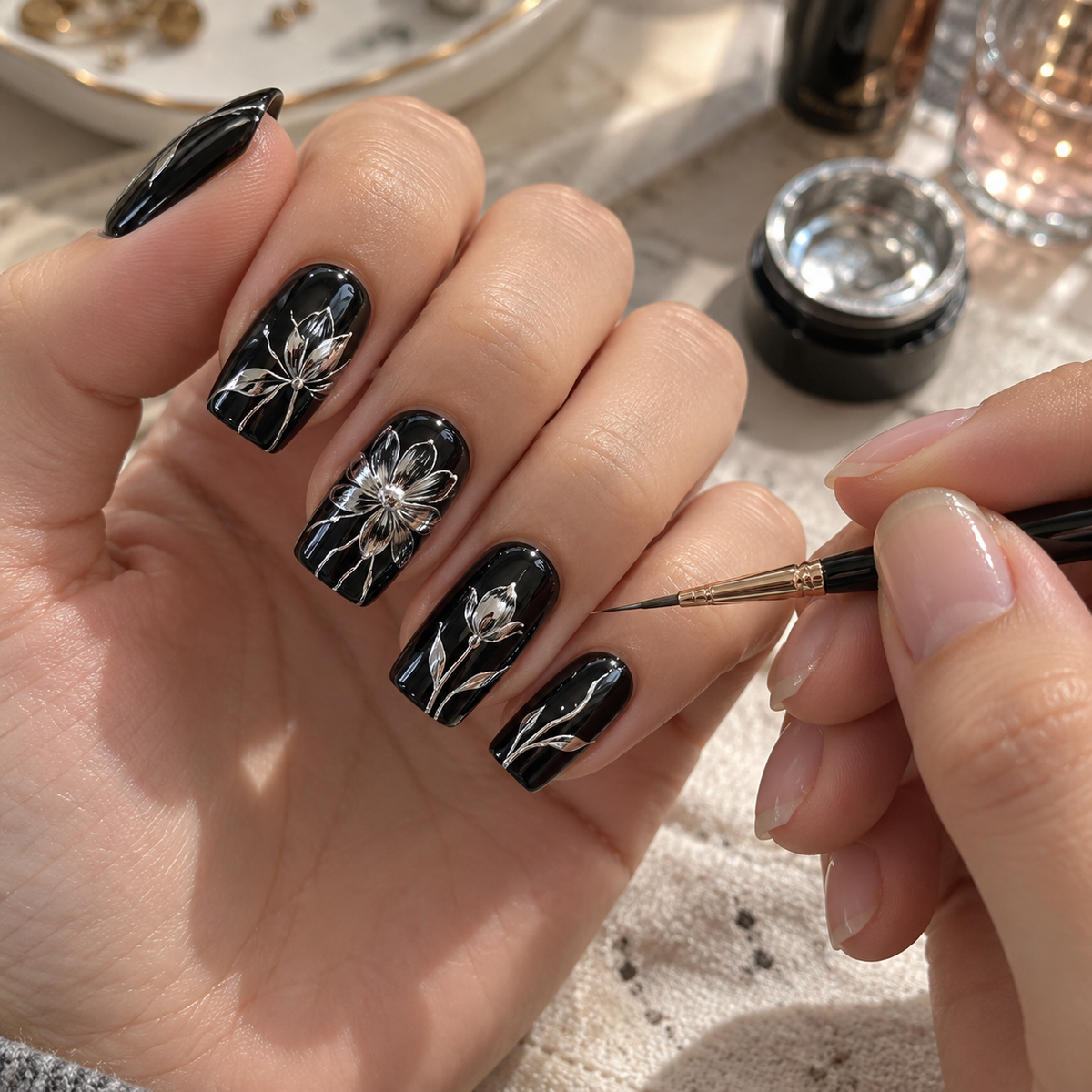 Silver flower line art painted on black nails with a fine brush