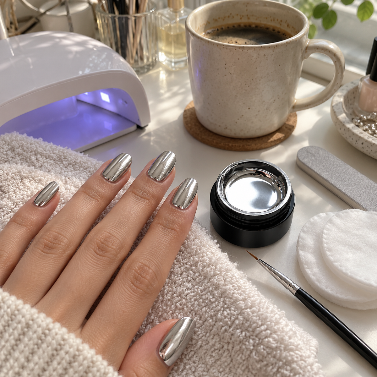 At-home manicure setup with a UV lamp, painting gel and fine brush