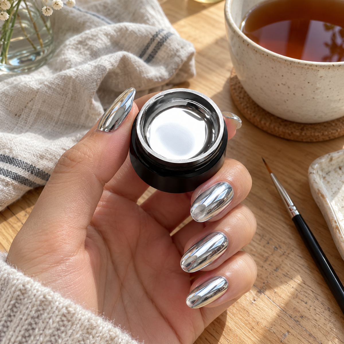 Hand with mirror silver nails holding the open jar of painting gel