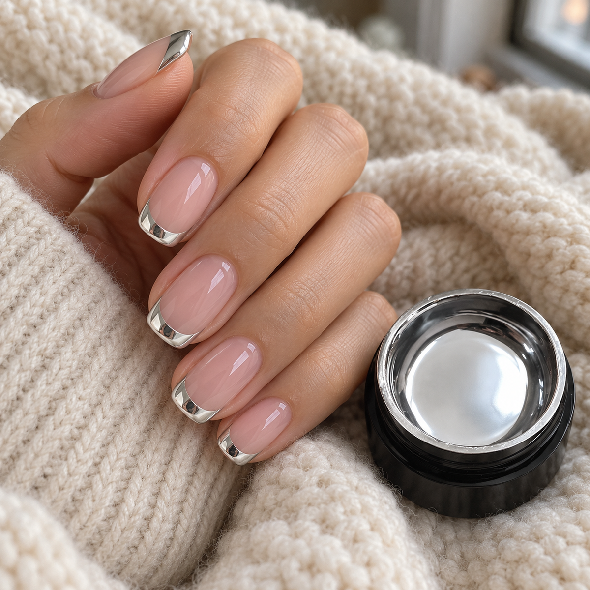 Mirror silver French tips on nude nails
