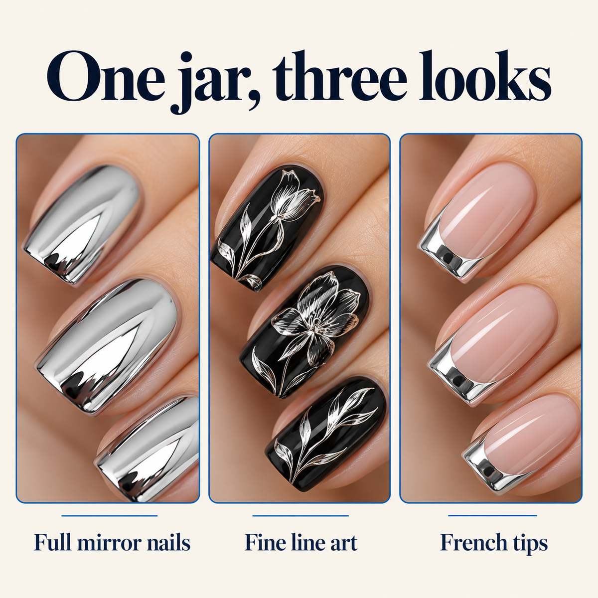 One jar, three looks: full mirror nails, fine line art and French tips