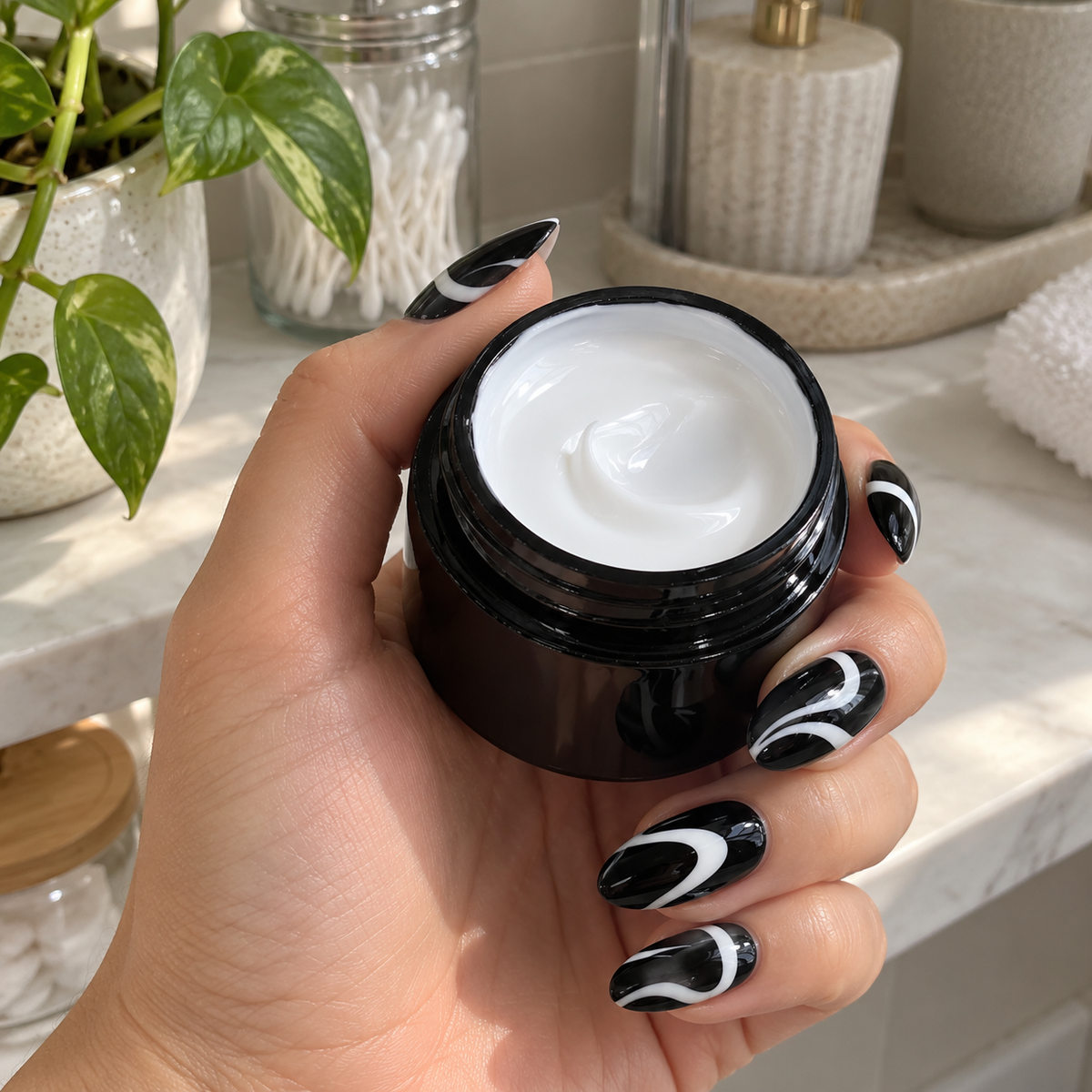 White swirl nail art on black nails with the white painting gel