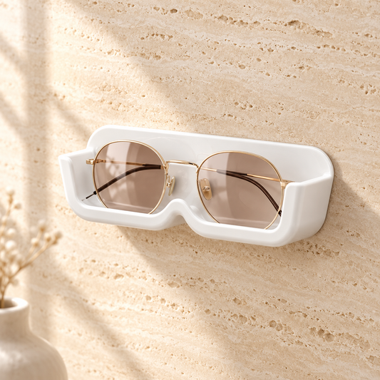 White stick-on wall glasses holder with gold-rim sunglasses on a travertine wall