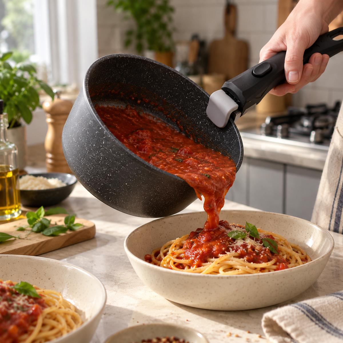 Pouring sauce from a saucepan held by the black handle