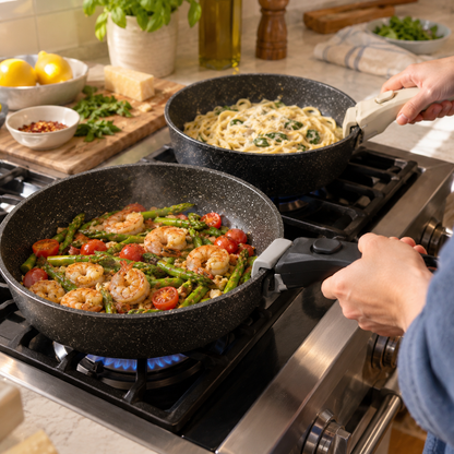 Two pans cooking at once, each with a handle