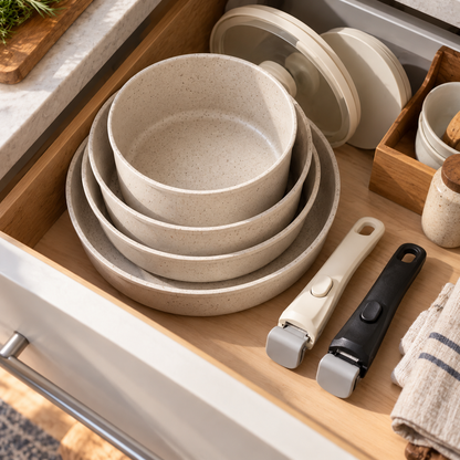Handles stored flat in a drawer next to stacked pans