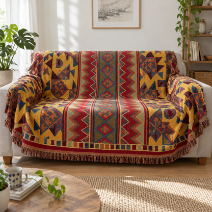 Boho knit cotton blanket covering a light gray sofa