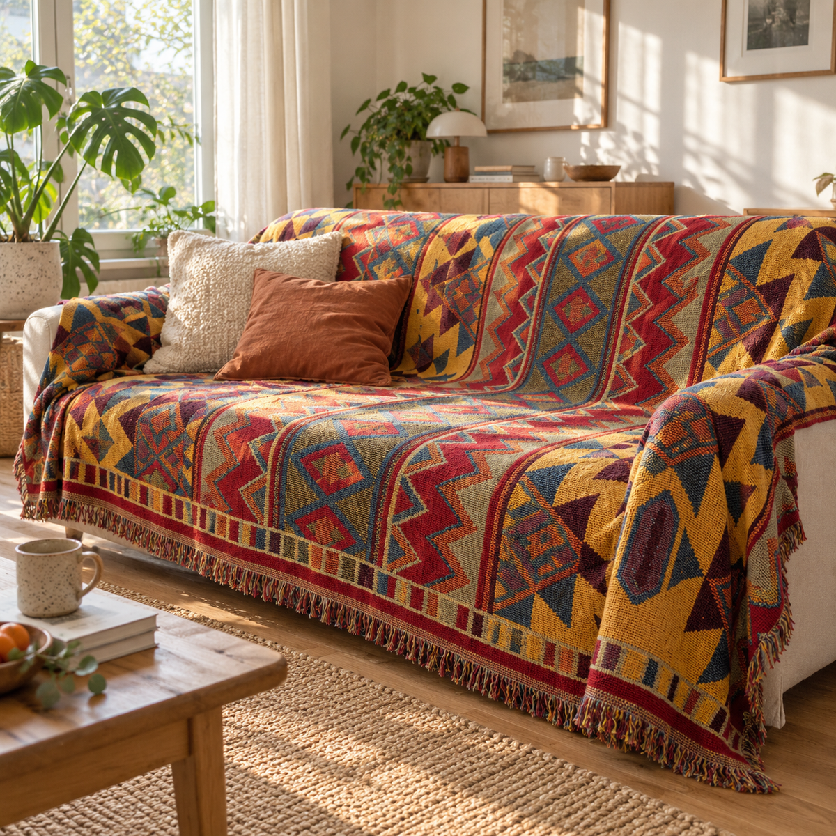 Boho knit blanket as a sofa cover in a bright living room