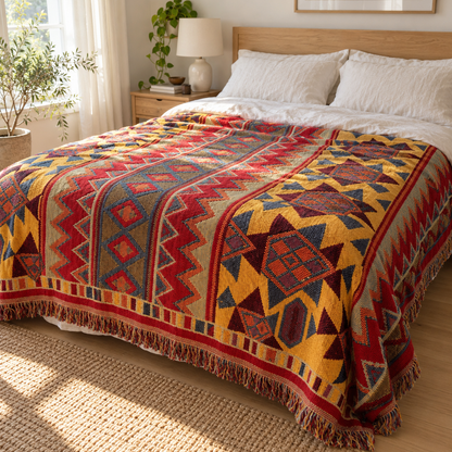 Boho knit blanket used as a bedspread