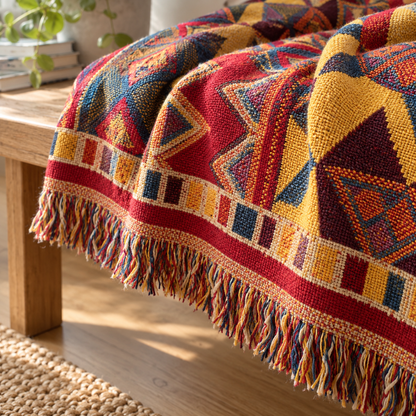 Fringe edge of the boho knit blanket