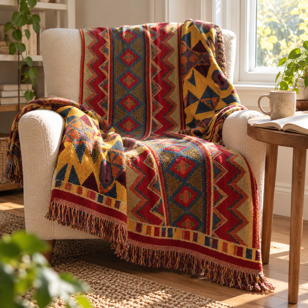 Boho knit blanket draped over a reading armchair