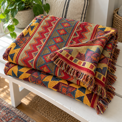 Boho knit blanket folded on a white bench