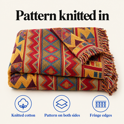 Pattern knitted in: knitted cotton, pattern on both sides, fringe edges
