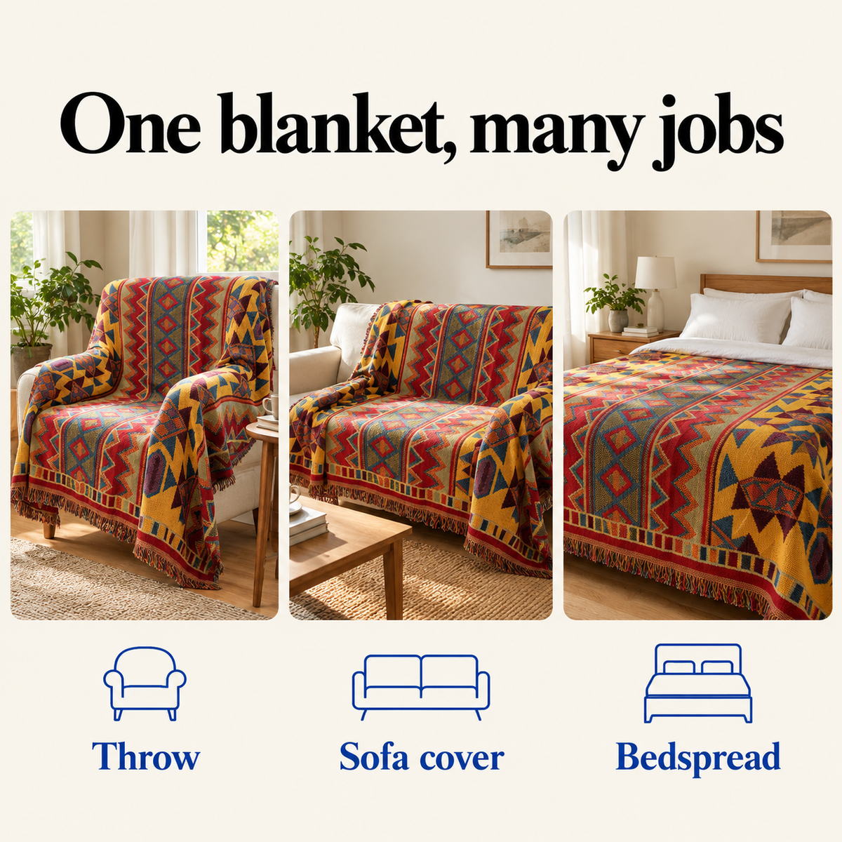 One blanket, many jobs: throw, sofa cover, bedspread