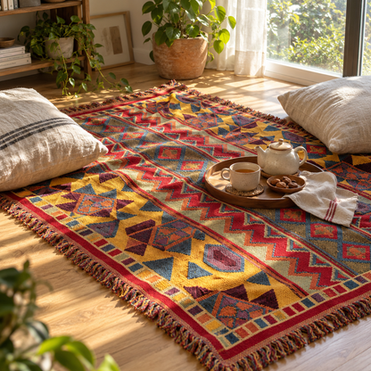 Boho knit blanket as a floor layer with cushions