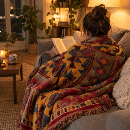 Reading on the sofa wrapped in the boho knit blanket