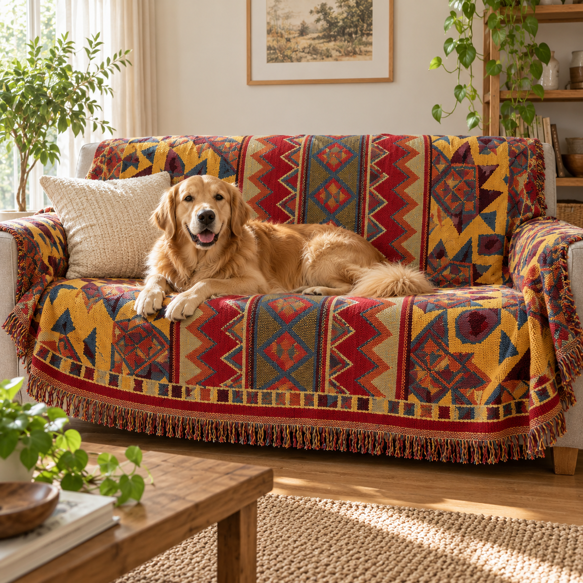 Dog resting on a sofa covered by the boho knit blanket