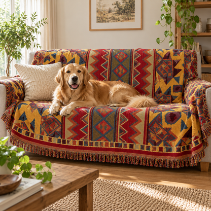 Dog resting on a sofa covered by the boho knit blanket