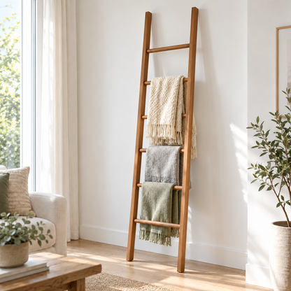 Wooden blanket ladder with three throws leaning in a sunny living room