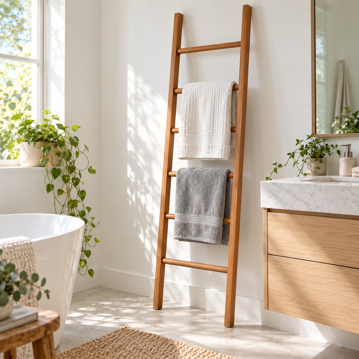 Blanket ladder holding towels in a bright bathroom
